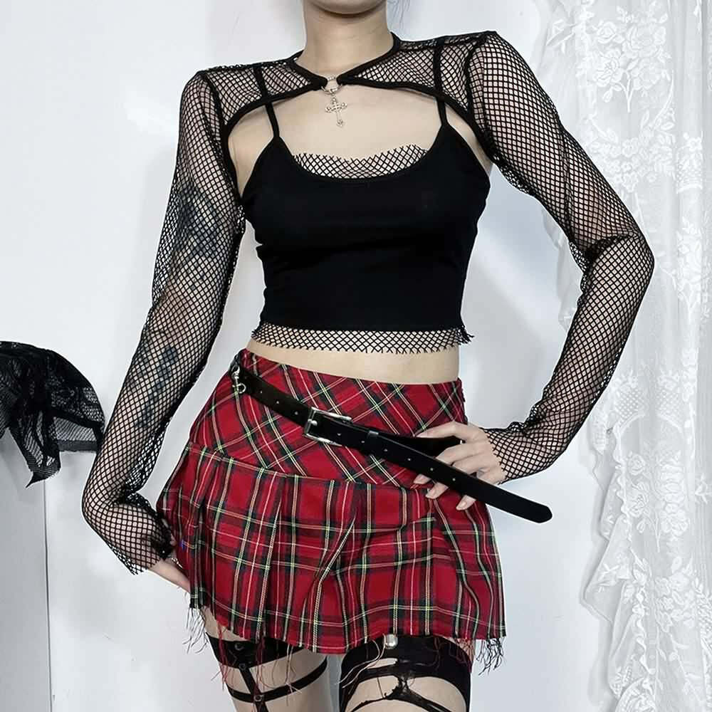 Y2K Gothic Cami Top & Mesh Shrug Set - 90s Grunge, Retro, Pastel Goth, Summer Y2K Out