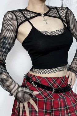 Y2K Gothic Cami Top & Mesh Shrug Set - 90s Grunge, Retro, Pastel Goth, Summer Y2K Out