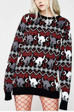Y2K Gothic Cat Christmas Sweater - Retro 90s Grunge, Pastel Goth, Y2K Fashion Outfit
