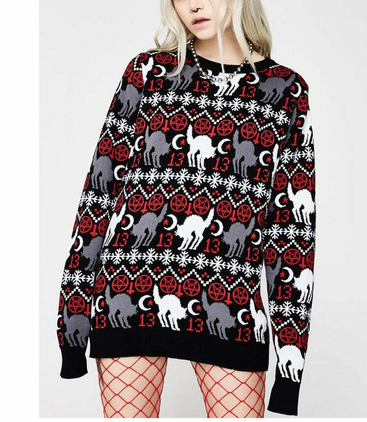 Y2K Gothic Cat Christmas Sweater - Retro 90s Grunge, Pastel Goth, Y2K Fashion Outfit