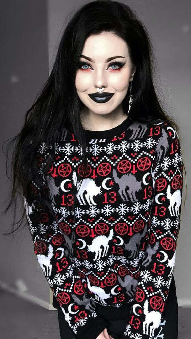Y2K Gothic Cat Christmas Sweater - Retro 90s Grunge, Pastel Goth, Y2K Fashion Outfit