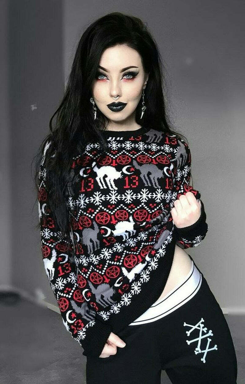 Y2K Gothic Cat Christmas Sweater - Retro 90s Grunge, Pastel Goth, Y2K Fashion Outfit