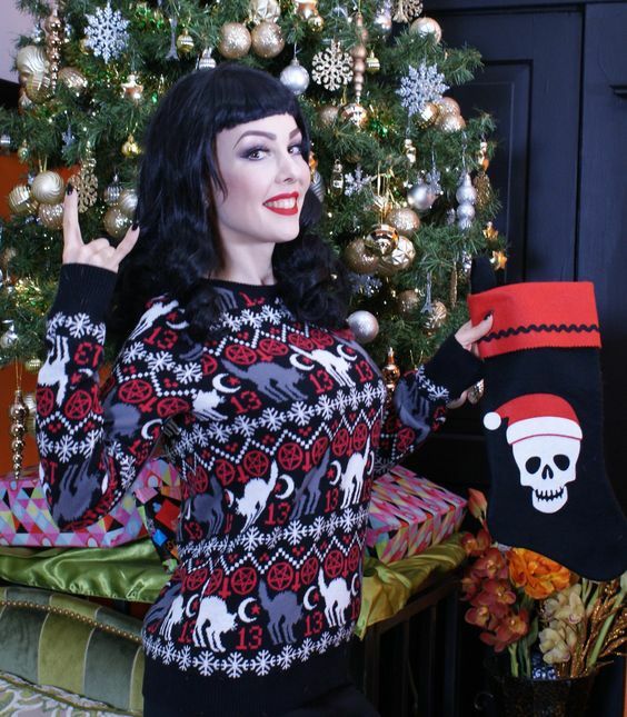 Y2K Gothic Cat Christmas Sweater - Retro 90s Grunge, Pastel Goth, Y2K Fashion Outfit