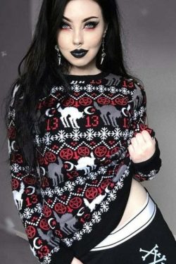 Y2K Gothic Cat Christmas Sweater - Retro 90s Grunge, Pastel Goth, Y2K Fashion Outfit