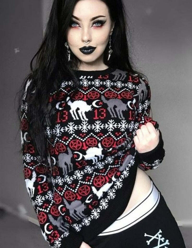 Y2K Gothic Cat Christmas Sweater - Retro 90s Grunge, Pastel Goth, Y2K Fashion Outfit