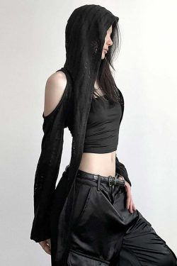 Y2K Gothic Cold Shoulder Hooded Shrug Top - 90s Grunge, Retro, Pastel Goth, Y2K Fashion