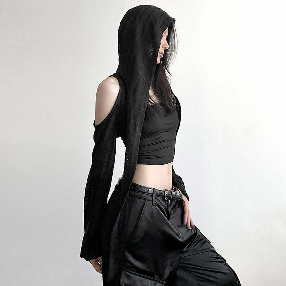 Y2K Gothic Cold Shoulder Hooded Shrug Top - 90s Grunge, Retro, Pastel Goth, Y2K Fashion