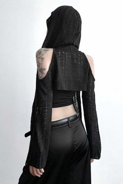 Y2K Gothic Cold Shoulder Hooded Shrug Top - 90s Grunge, Retro, Pastel Goth, Y2K Fashion