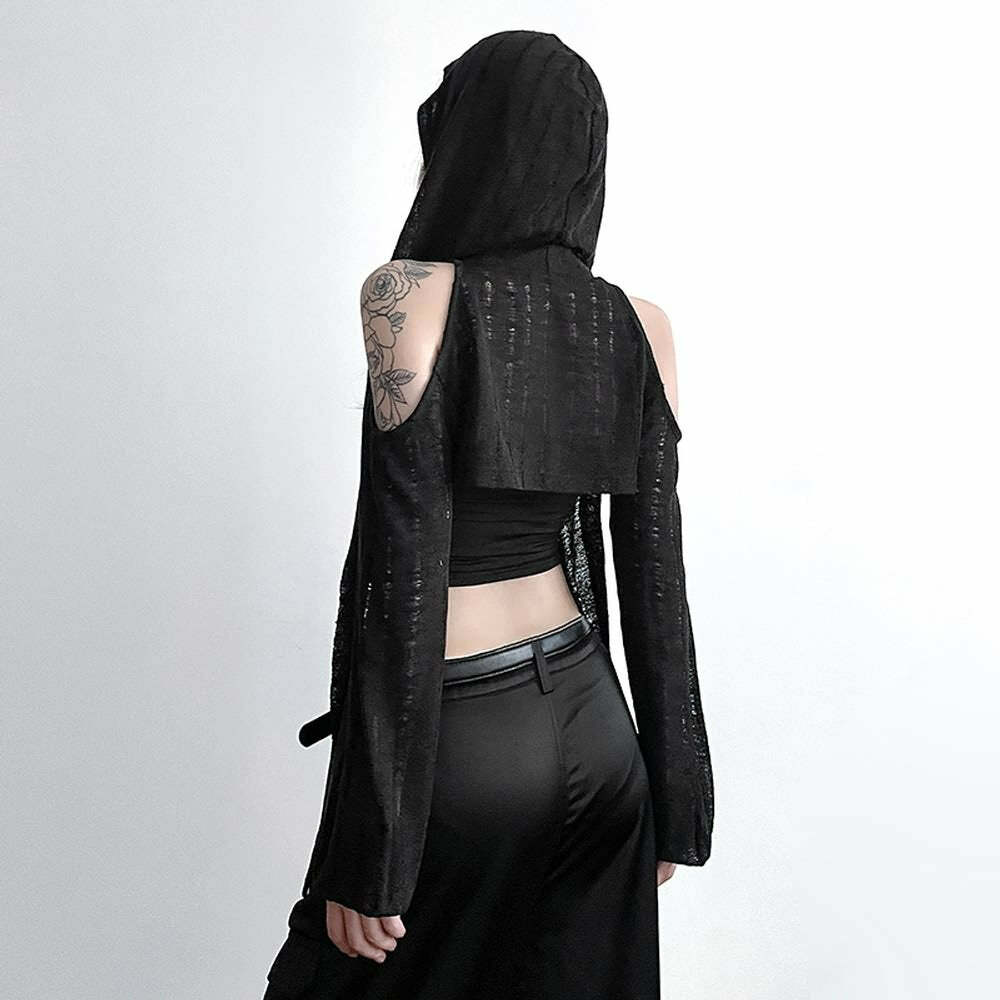 Y2K Gothic Cold Shoulder Hooded Shrug Top - 90s Grunge, Retro, Pastel Goth, Y2K Fashion