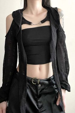 Y2K Gothic Cold Shoulder Hooded Shrug Top - 90s Grunge, Retro, Pastel Goth, Y2K Fashion