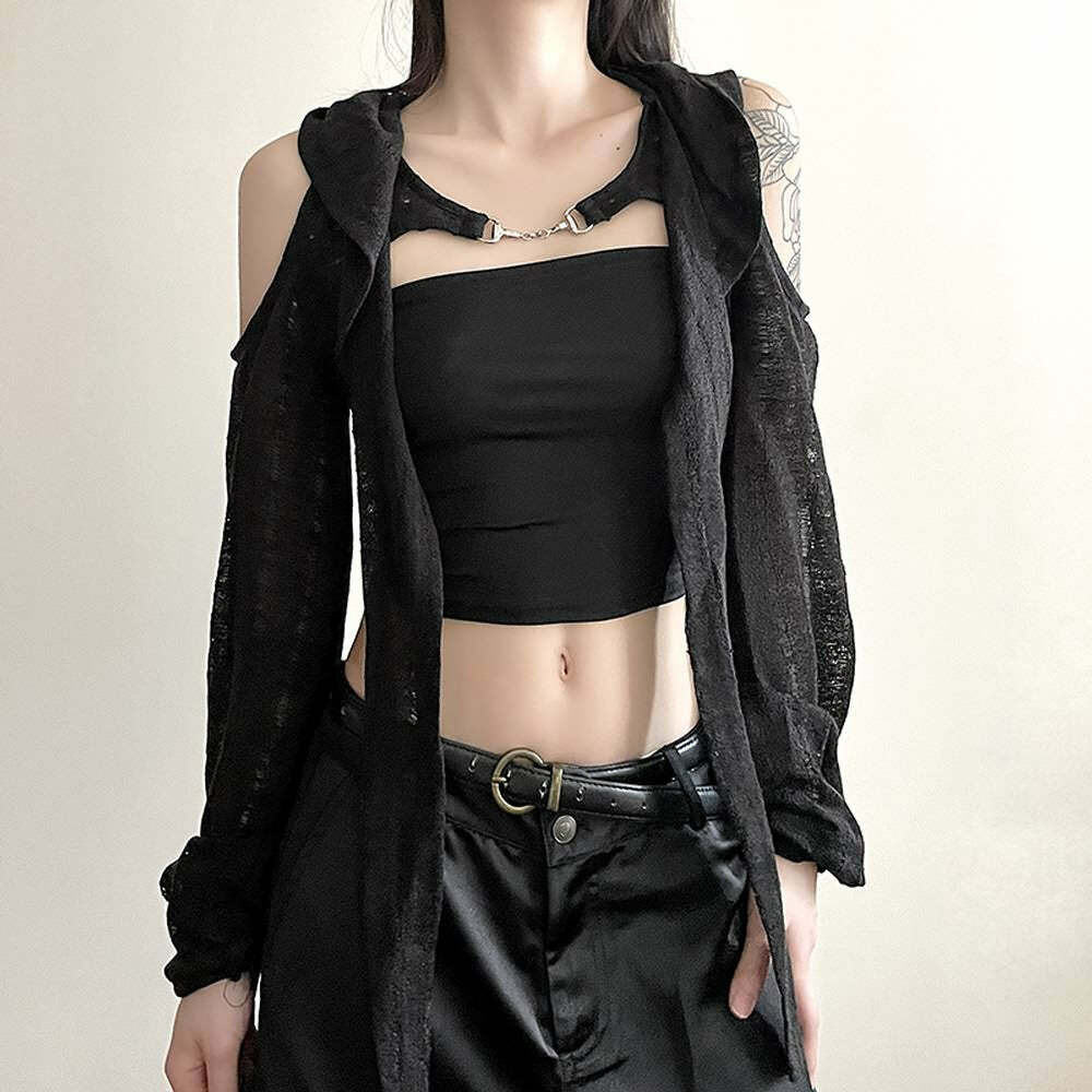 Y2K Gothic Cold Shoulder Hooded Shrug Top - 90s Grunge, Retro, Pastel Goth, Y2K Fashion