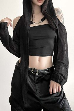 Y2K Gothic Cold Shoulder Hooded Shrug Top - 90s Grunge, Retro, Pastel Goth, Y2K Fashion