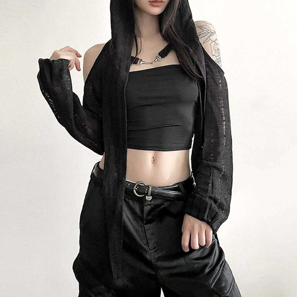 Y2K Gothic Cold Shoulder Hooded Shrug Top - 90s Grunge, Retro, Pastel Goth, Y2K Fashion