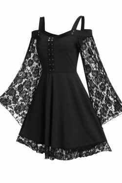 Y2K Gothic Cold Shoulder Lace Dress - 90s Grunge, Retro Summer, Party & Club Outfits