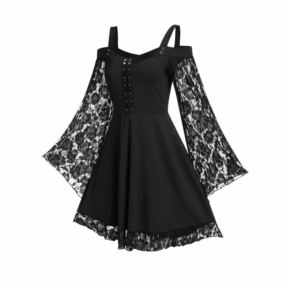 Y2K Gothic Cold Shoulder Lace Dress - 90s Grunge, Retro Summer, Party & Club Outfits