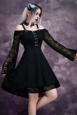 Y2K Gothic Cold Shoulder Lace Dress - 90s Grunge, Retro Summer, Party & Club Outfits