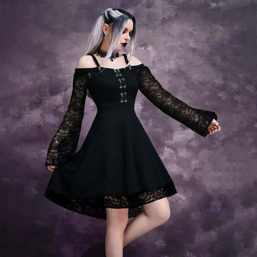 Y2K Gothic Cold Shoulder Lace Dress - 90s Grunge, Retro Summer, Party & Club Outfits