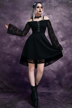 Y2K Gothic Cold Shoulder Lace Dress - 90s Grunge, Retro Summer, Party & Club Outfits