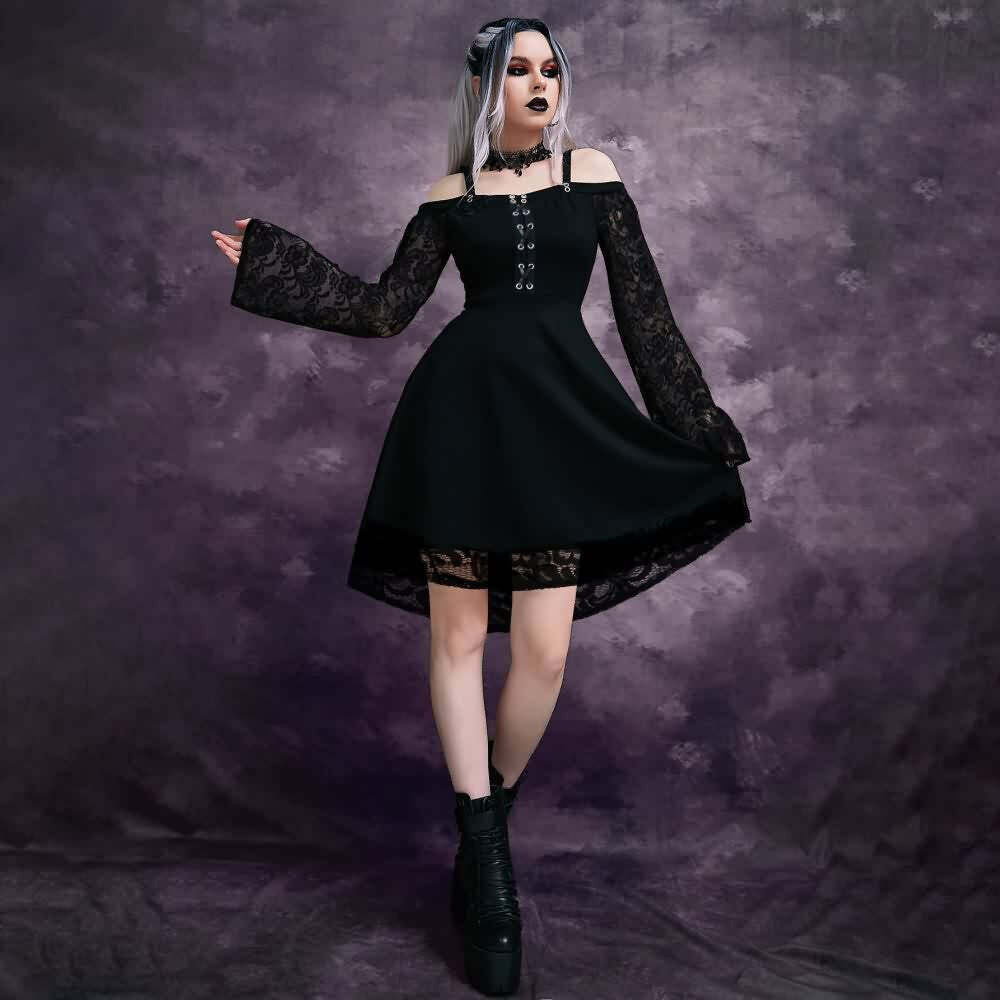 Y2K Gothic Cold Shoulder Lace Dress - 90s Grunge, Retro Summer, Party & Club Outfits
