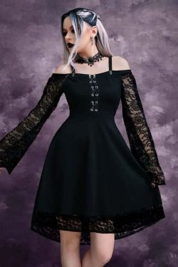 Y2K Gothic Cold Shoulder Lace Dress - 90s Grunge, Retro Summer, Party & Club Outfits