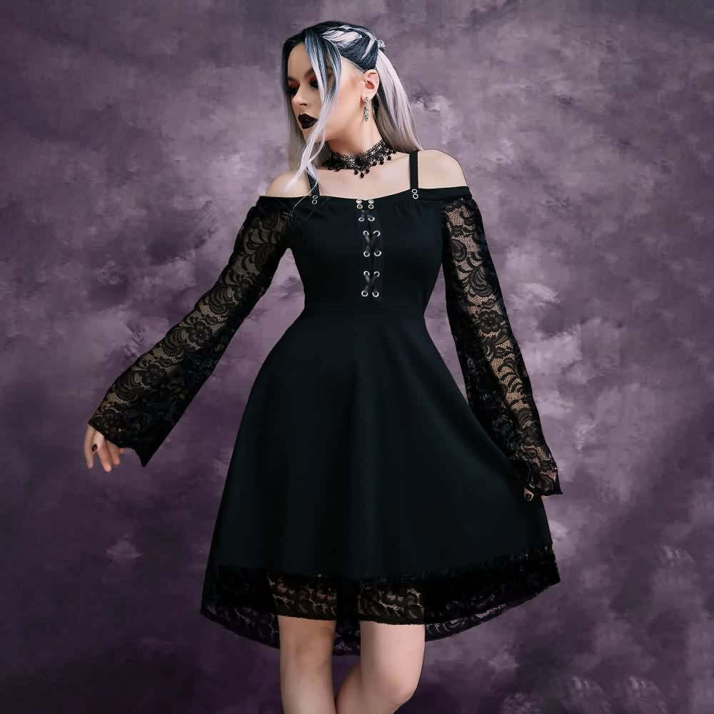 Y2K Gothic Cold Shoulder Lace Dress - 90s Grunge, Retro Summer, Party & Club Outfits