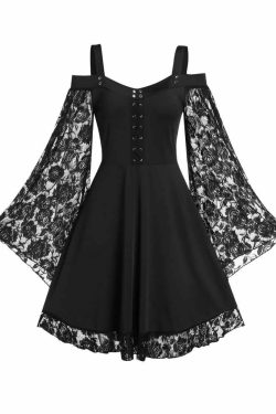 Y2K Gothic Cold Shoulder Lace Dress - 90s Grunge, Retro Summer, Party & Club Outfits