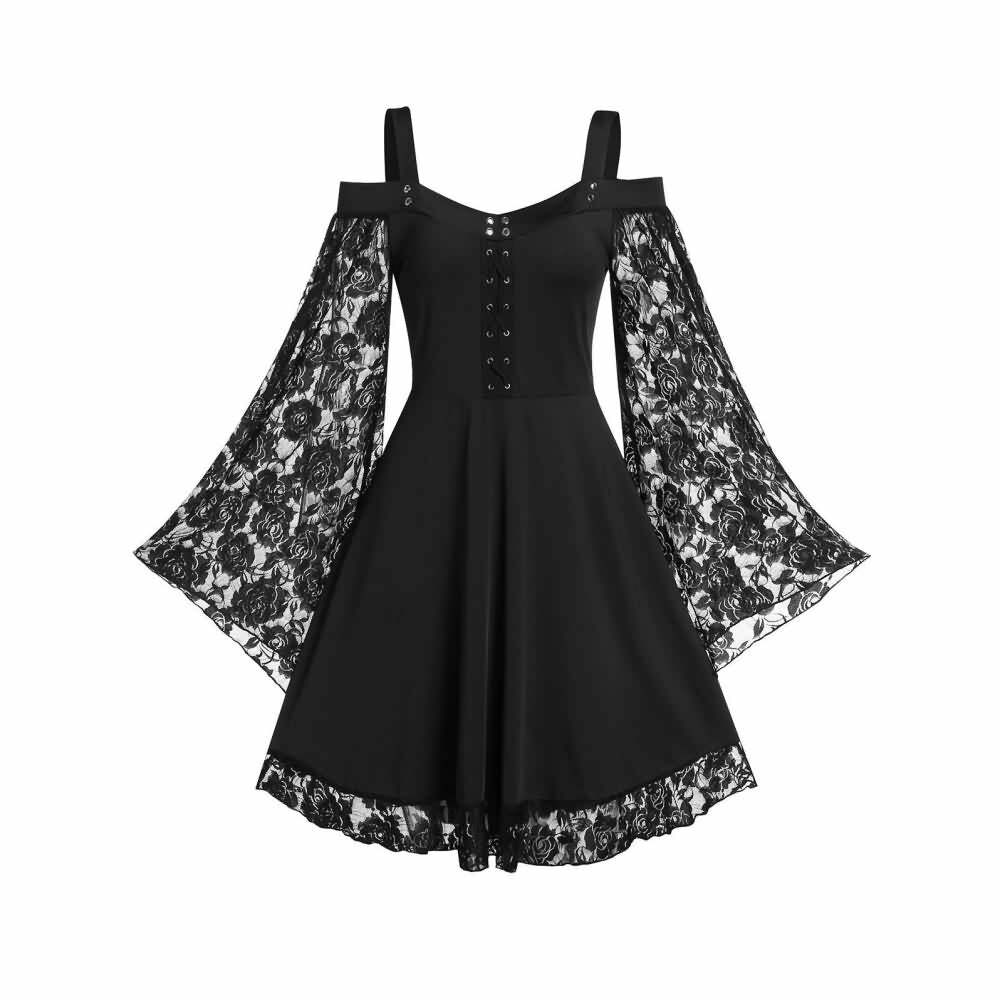Y2K Gothic Cold Shoulder Lace Dress - 90s Grunge, Retro Summer, Party & Club Outfits