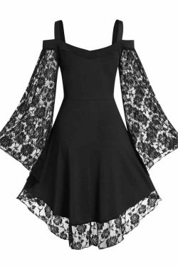 Y2K Gothic Cold Shoulder Lace Dress - 90s Grunge, Retro Summer, Party & Club Outfits