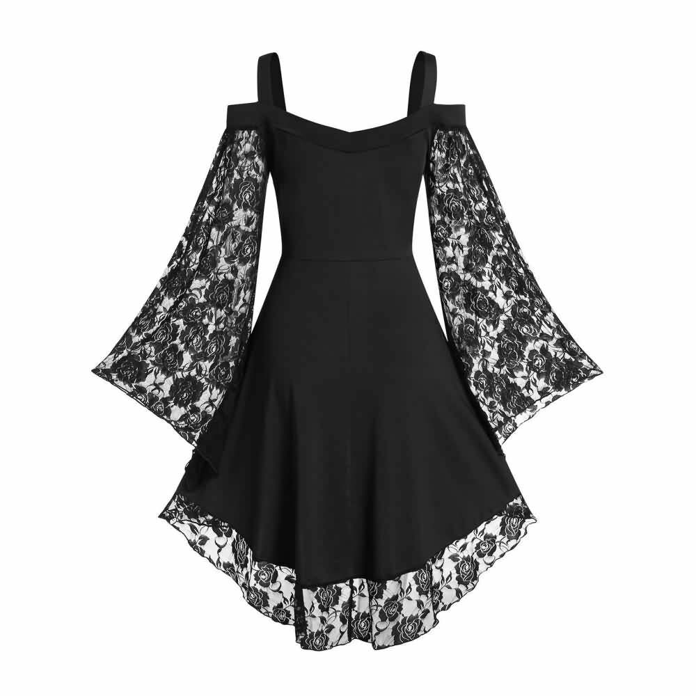 Y2K Gothic Cold Shoulder Lace Dress - 90s Grunge, Retro Summer, Party & Club Outfits