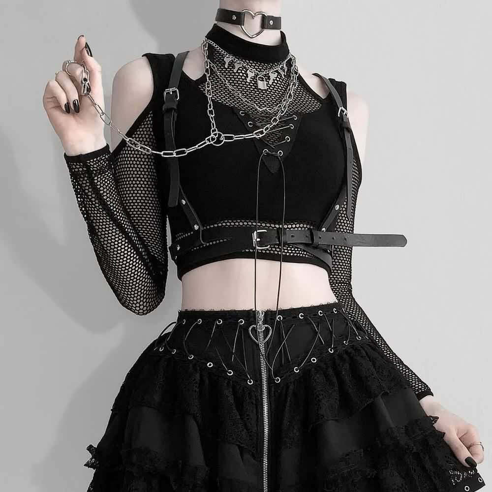 Y2K Gothic Cold Shoulder Mesh Sleeve Crop Top - 90s Grunge, Retro, Pastel Goth, Y2K Fashion