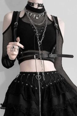 Y2K Gothic Cold Shoulder Mesh Sleeve Crop Top - 90s Grunge, Retro, Pastel Goth, Y2K Fashion
