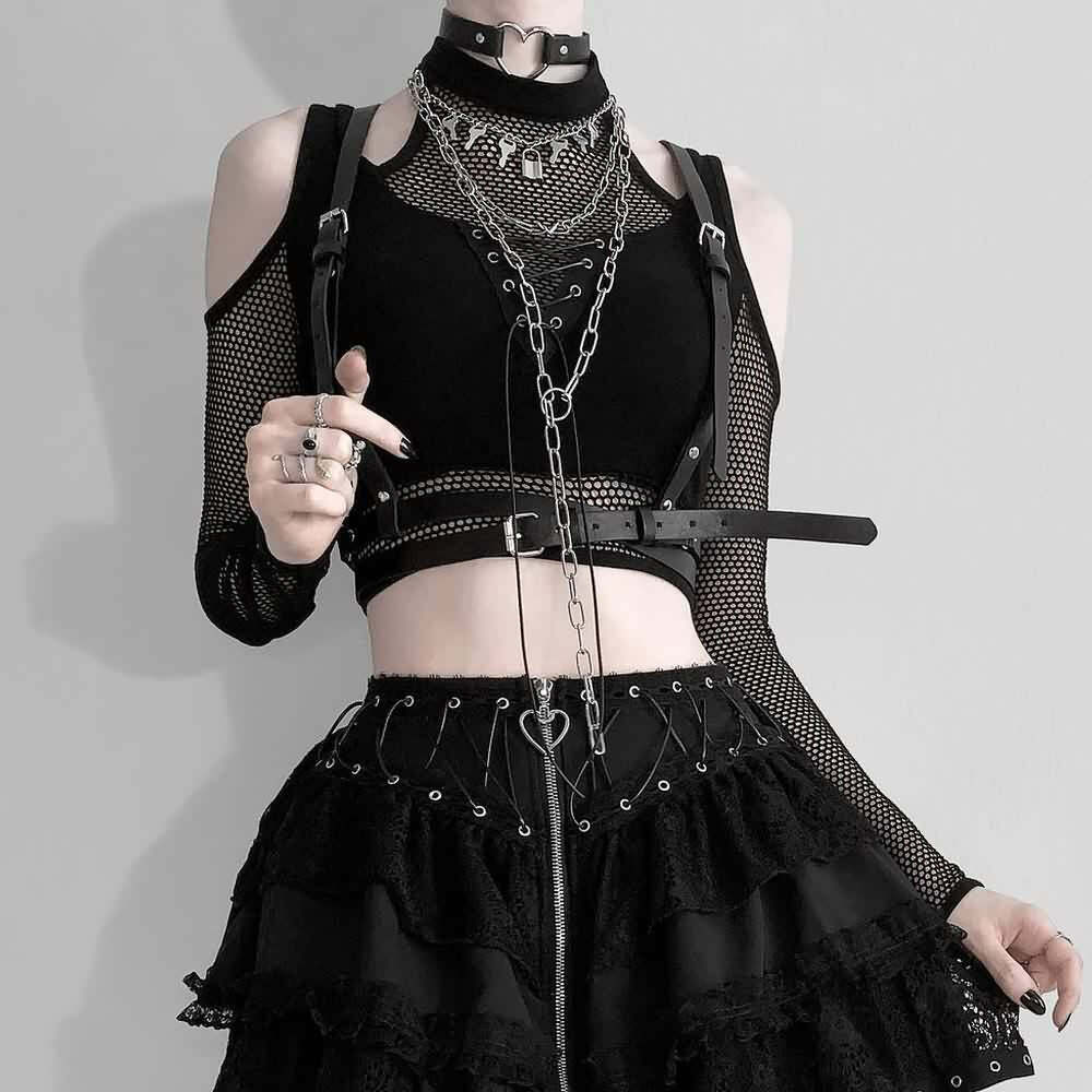 Y2K Gothic Cold Shoulder Mesh Sleeve Crop Top - 90s Grunge, Retro, Pastel Goth, Y2K Fashion
