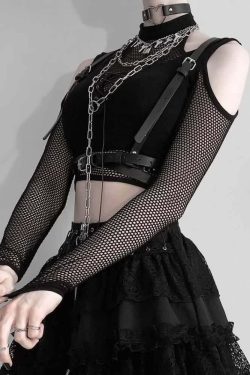 Y2K Gothic Cold Shoulder Mesh Sleeve Crop Top - 90s Grunge, Retro, Pastel Goth, Y2K Fashion