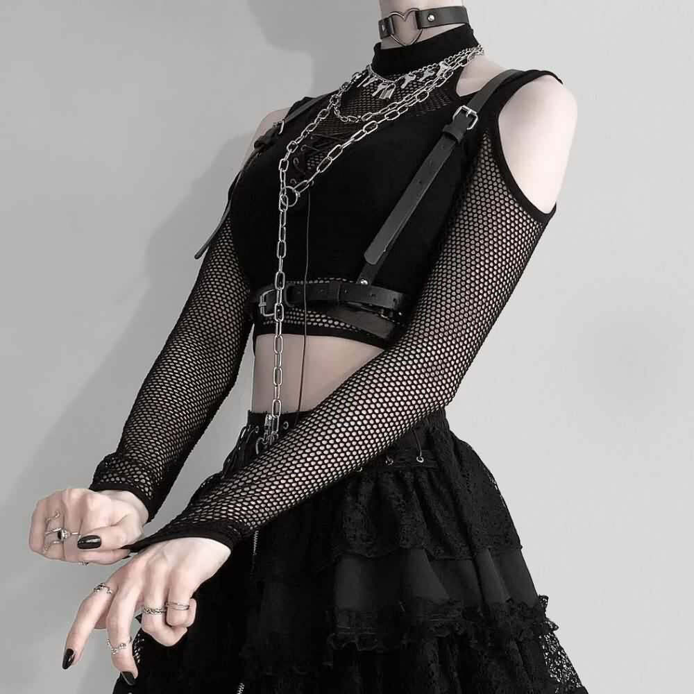 Y2K Gothic Cold Shoulder Mesh Sleeve Crop Top - 90s Grunge, Retro, Pastel Goth, Y2K Fashion