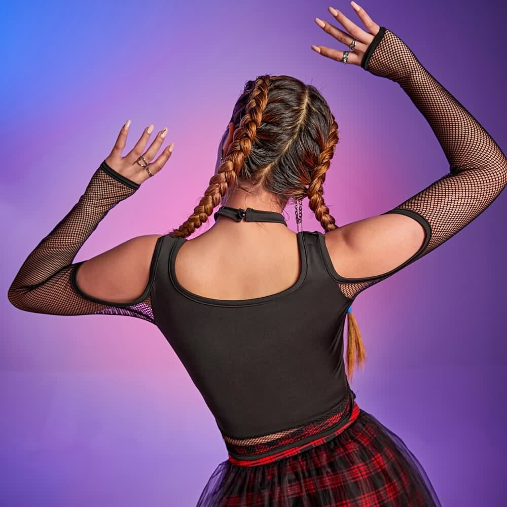 Y2K Gothic Cold Shoulder Mesh Sleeve Crop Top - 90s Grunge, Retro, Pastel Goth, Y2K Fashion
