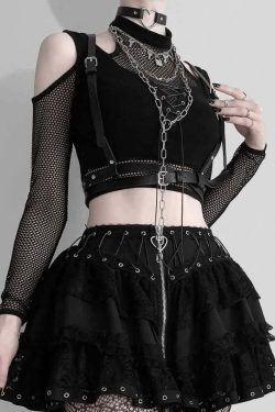 Y2K Gothic Cold Shoulder Mesh Sleeve Crop Top - 90s Grunge, Retro, Pastel Goth, Y2K Fashion