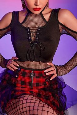 Y2K Gothic Cold Shoulder Mesh Sleeve Crop Top - 90s Grunge, Retro, Pastel Goth, Y2K Fashion