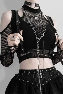 Y2K Gothic Cold Shoulder Mesh Sleeve Crop Top - 90s Grunge, Retro, Pastel Goth, Y2K Fashion