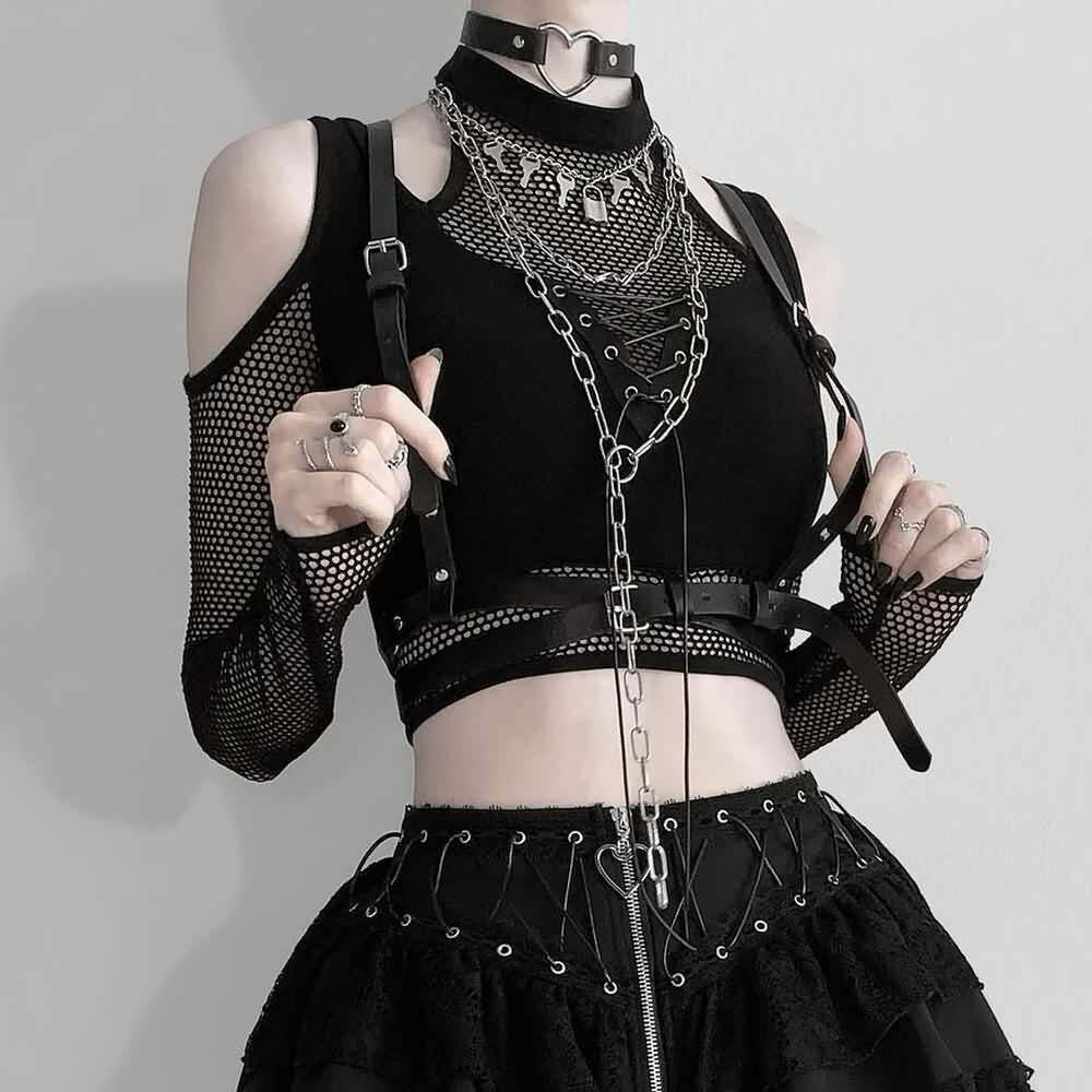 Y2K Gothic Cold Shoulder Mesh Sleeve Crop Top - 90s Grunge, Retro, Pastel Goth, Y2K Fashion