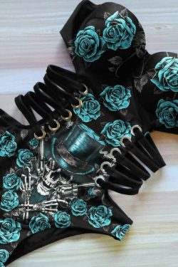 Y2K Gothic Cowboy Skull Monokini - Retro 90s Grunge One Piece Swimsuit for Summer Outfits