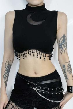Y2K Gothic Crescent Moon Fringe Hem Crop Tank Top - Retro 90s Grunge Summer Outfit