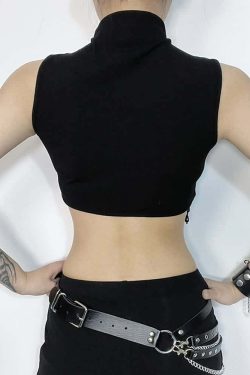 Y2K Gothic Crescent Moon Fringe Hem Crop Tank Top - Retro 90s Grunge Summer Outfit