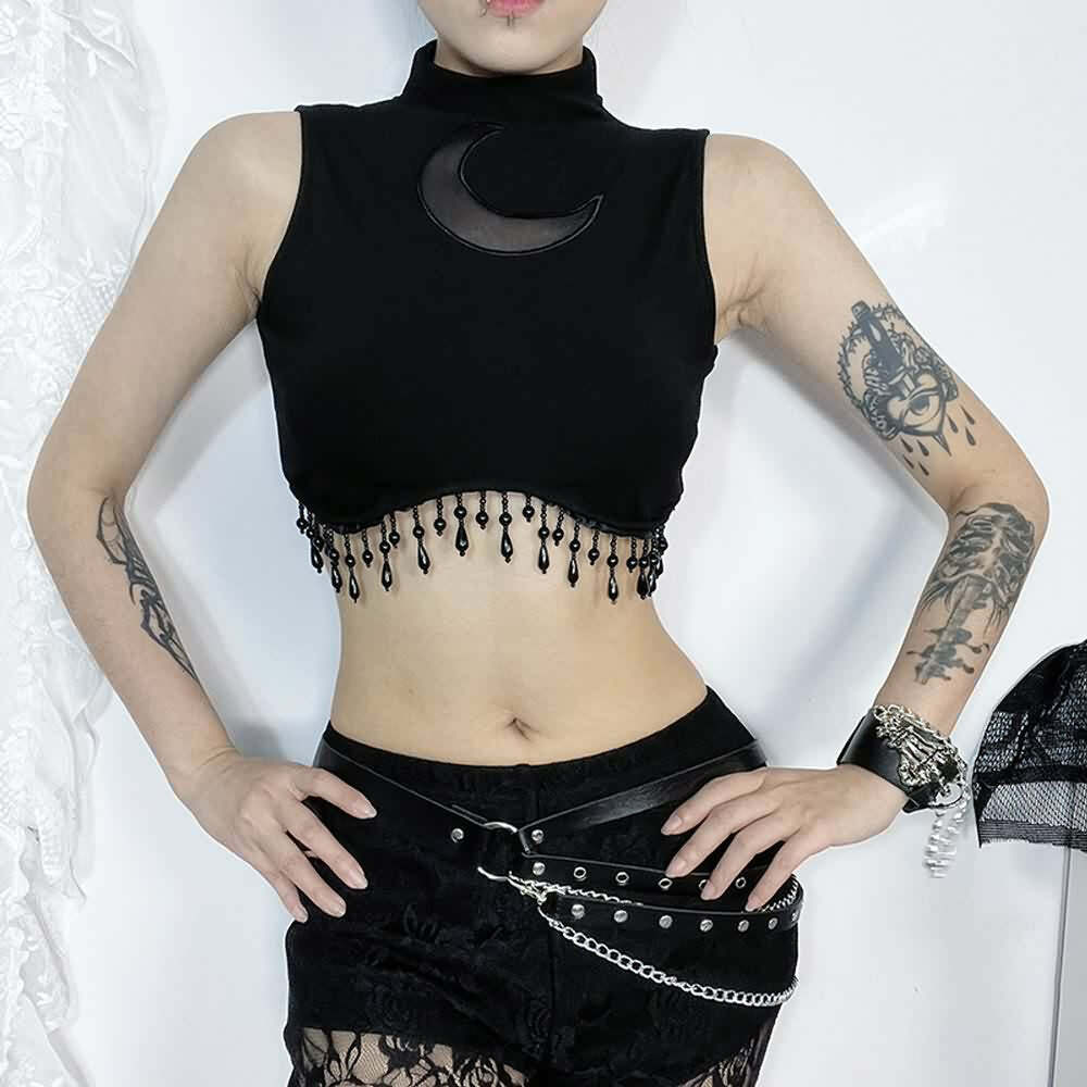 Y2K Gothic Crescent Moon Fringe Hem Crop Tank Top - Retro 90s Grunge Summer Outfit