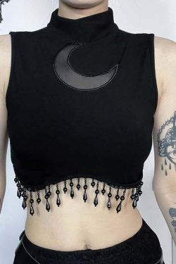 Y2K Gothic Crescent Moon Fringe Hem Crop Tank Top - Retro 90s Grunge Summer Outfit