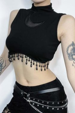 Y2K Gothic Crescent Moon Fringe Hem Crop Tank Top - Retro 90s Grunge Summer Outfit