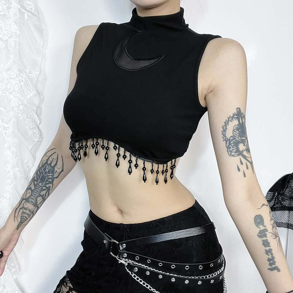 Y2K Gothic Crescent Moon Fringe Hem Crop Tank Top - Retro 90s Grunge Summer Outfit