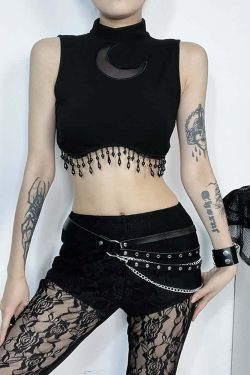Y2K Gothic Crescent Moon Fringe Hem Crop Tank Top - Retro 90s Grunge Summer Outfit