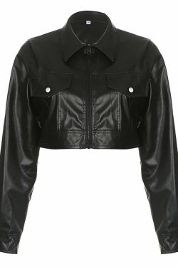 Y2K Gothic Crop Leather Jacket - 90s Grunge, Retro Style, Y2K Party & Club Outfits