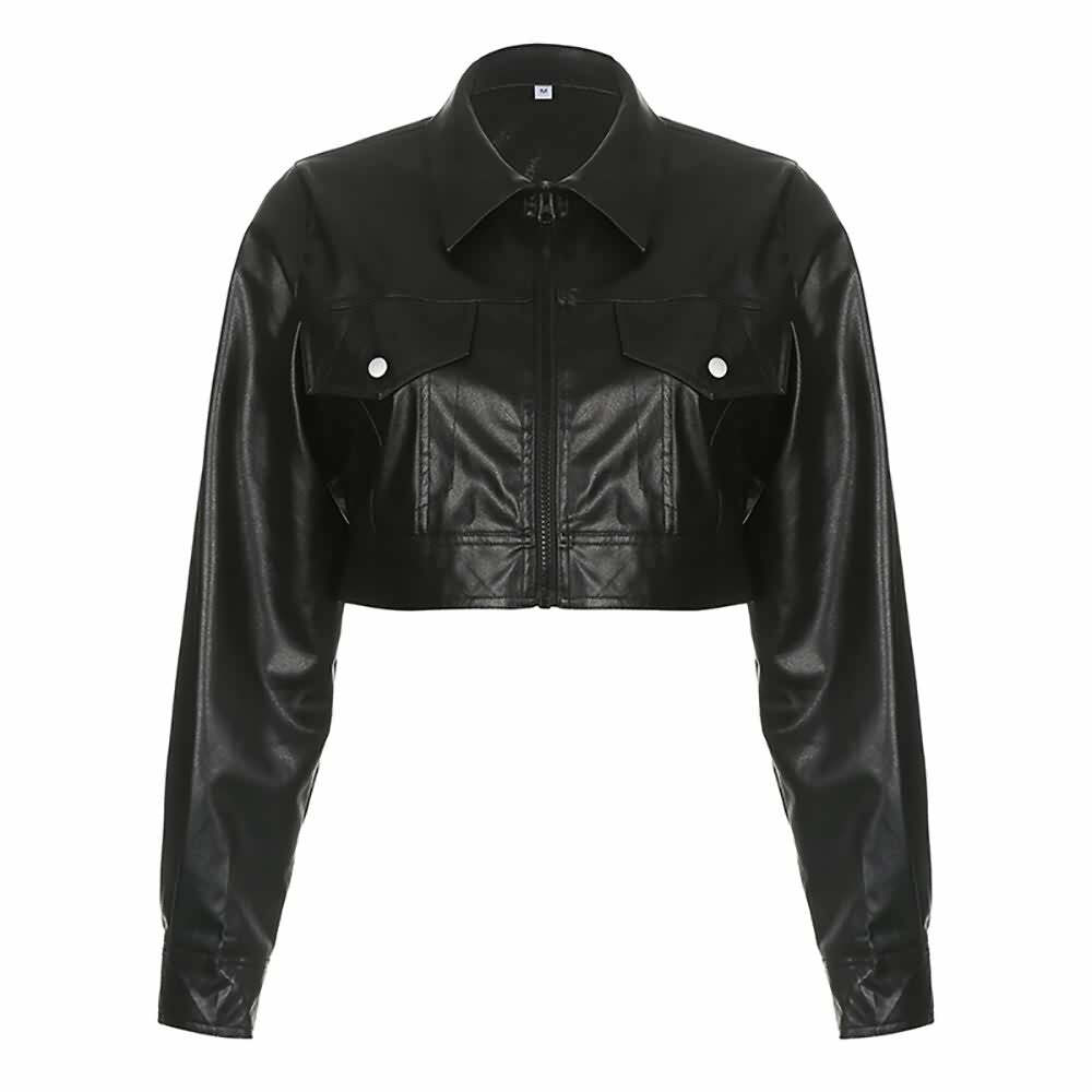 Y2K Gothic Crop Leather Jacket - 90s Grunge, Retro Style, Y2K Party & Club Outfits
