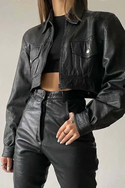 Y2K Gothic Crop Leather Jacket - 90s Grunge, Retro Style, Y2K Party & Club Outfits